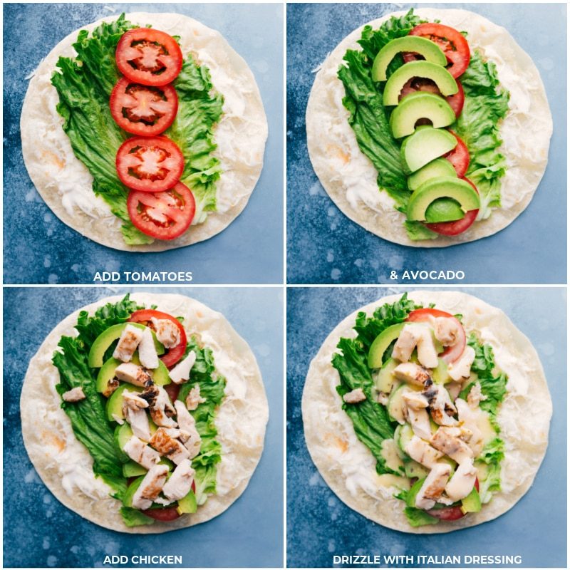 The tomatoes, avocado, chicken, and dressing layered into the Italian wraps.