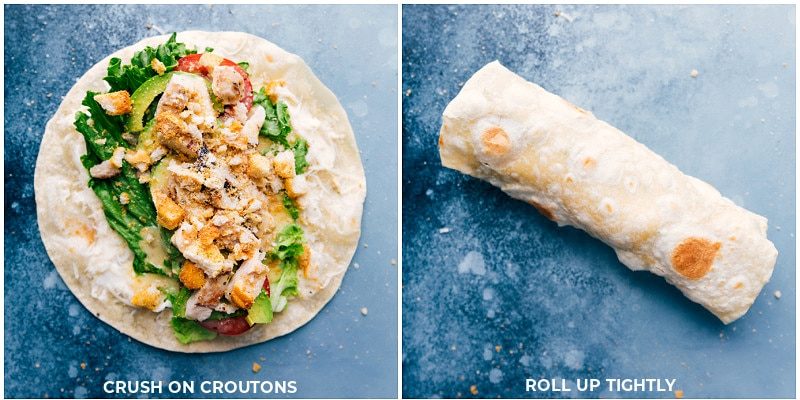 Croutons being crushed on top and rolled up tightly for these Italian Wraps.
