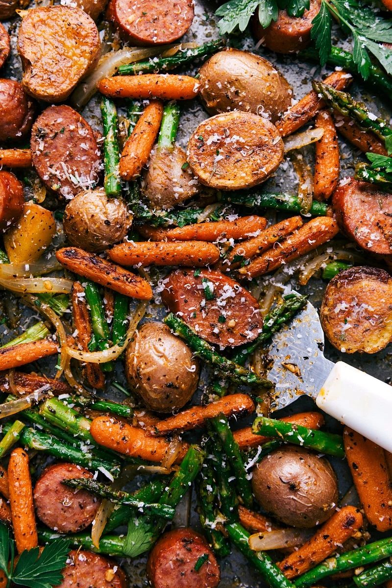 Sheet Pan Sausage and Potatoes is a spring recipe with fresh produce and satisfying flavor.