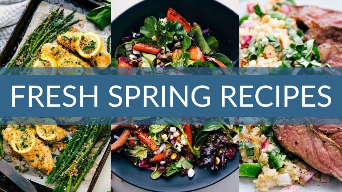 Collage of fresh spring recipes featured in this roundup post.
