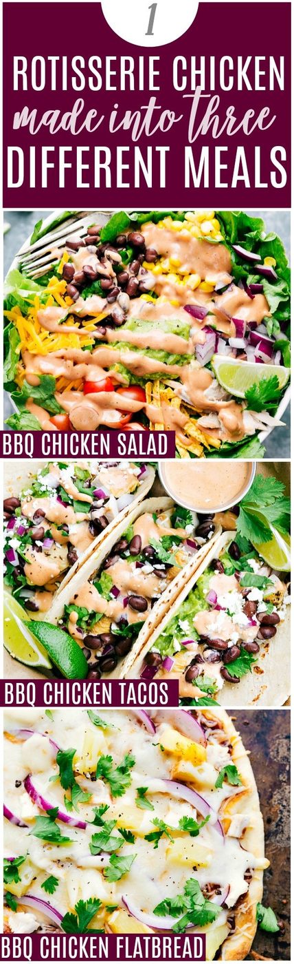 THREE of the most amazing and satisfying (and totally straightforward) dinners made from ONE Rotisserie Chicken. Video, free shopping list, free printable recipes. All kid-friendly, satisfying, and crazy quick to make! via flexfa.com