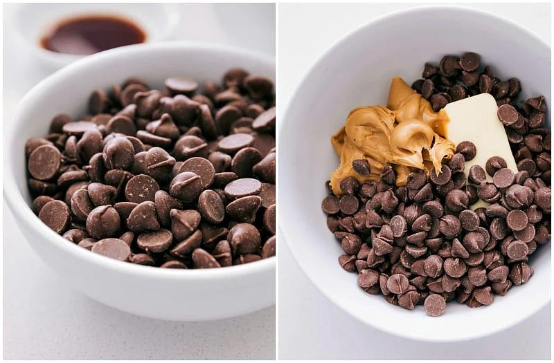 Process shots of creating Muddy Buddies -- melting the chocolate, peanut butter, and butter.