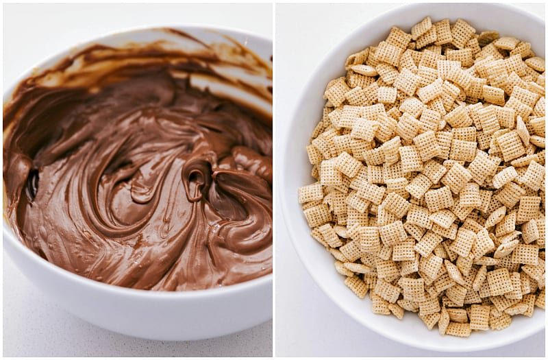 Melted chocolate mixture and Chex cereal prepped out.