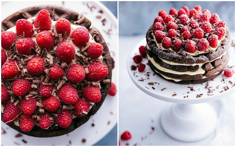 Completed dessert showcasing its top adorned with fresh raspberries and delicate chocolate shavings.