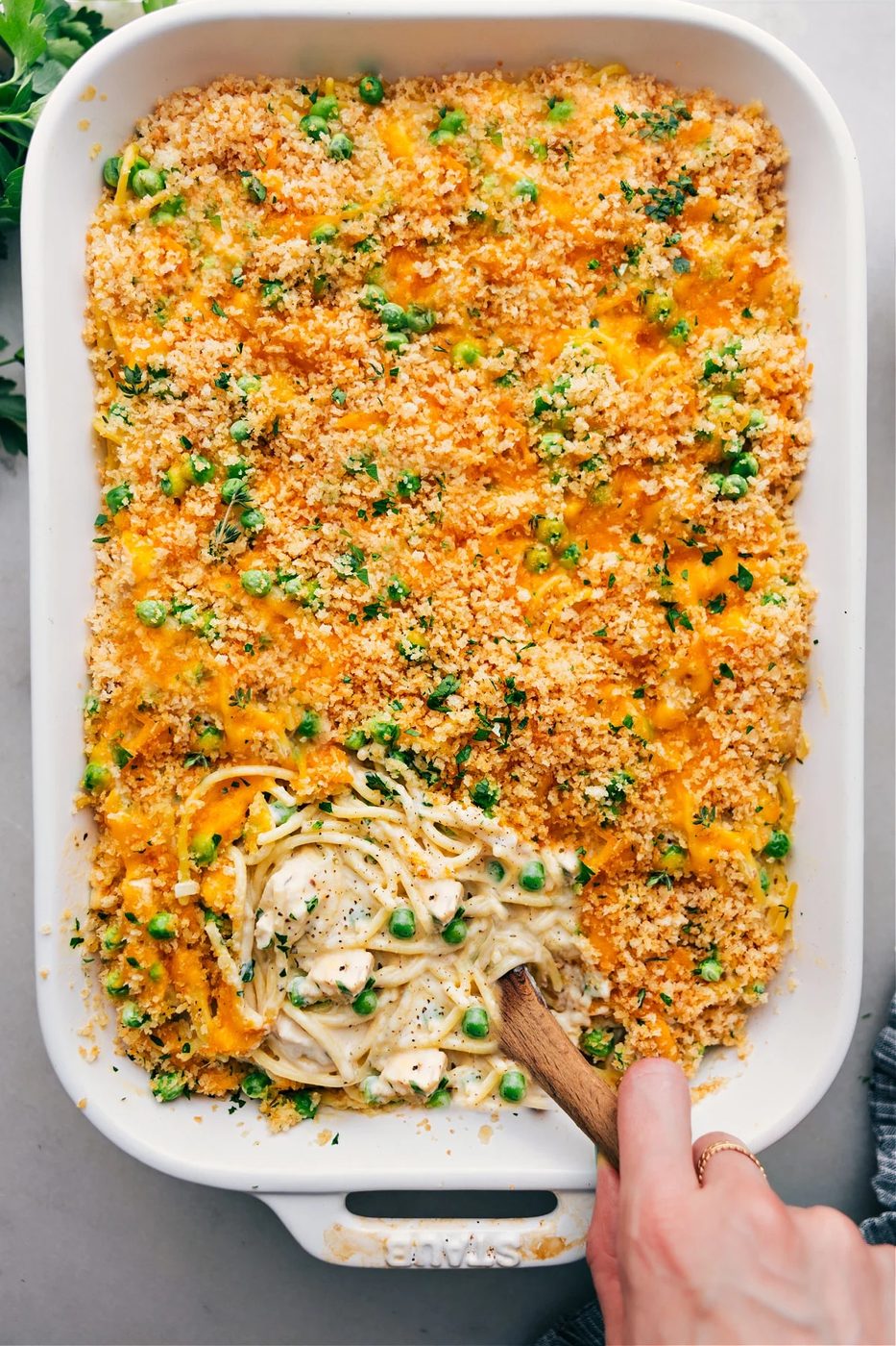 Chicken tetrazzini casserole from the pasta recipes roundup, a creamy and comforting baked pasta dish.