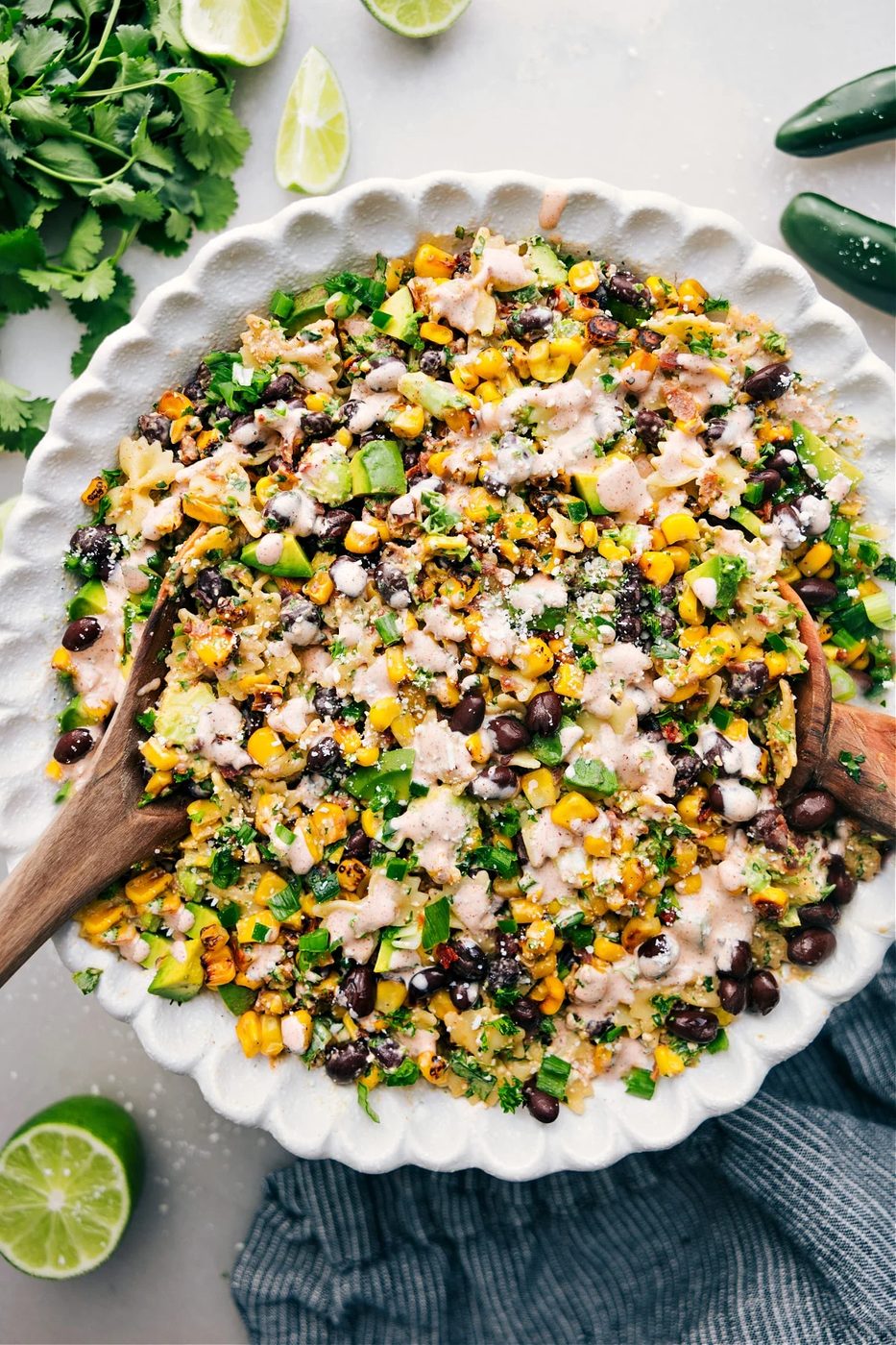 Mexican street corn pasta salad with a creamy chili lime sauce.