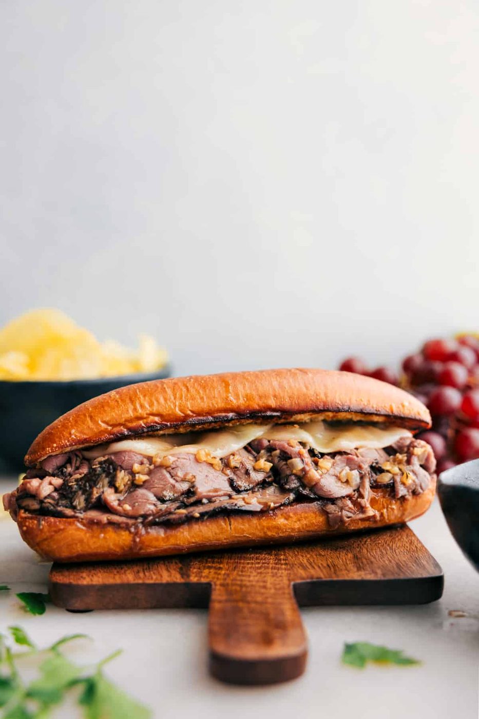 straightforward dinner recipes: Melty French Dip Sandwiches ready to be enjoyed.