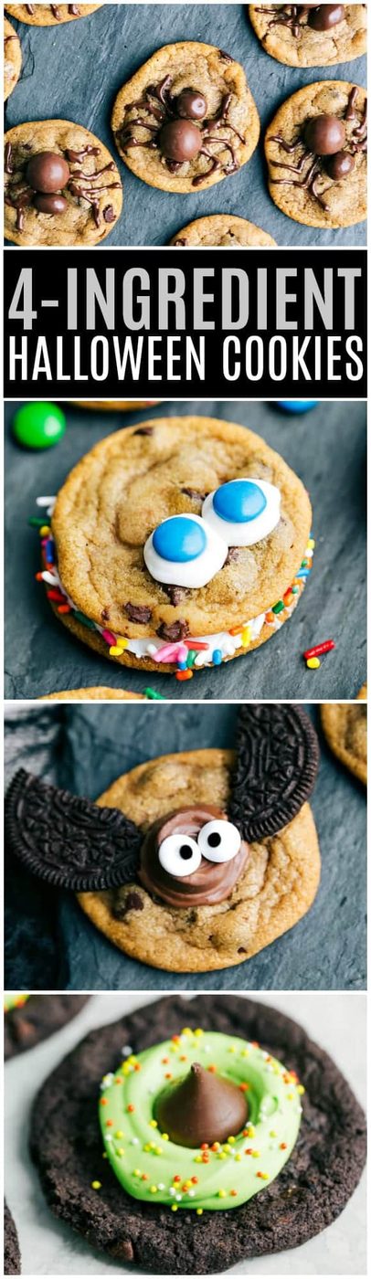 FOUR Halloween Cookies with only FOUR ingredients each!! Spider, monster, bat, and witch hat cookies are the reliable straightforward (and great last minute) Halloween treat via flexfa.com #halloween #treat #cookie #cookies #bat #witch #hat #spider #monster #straightforward #kidfriendly #cute