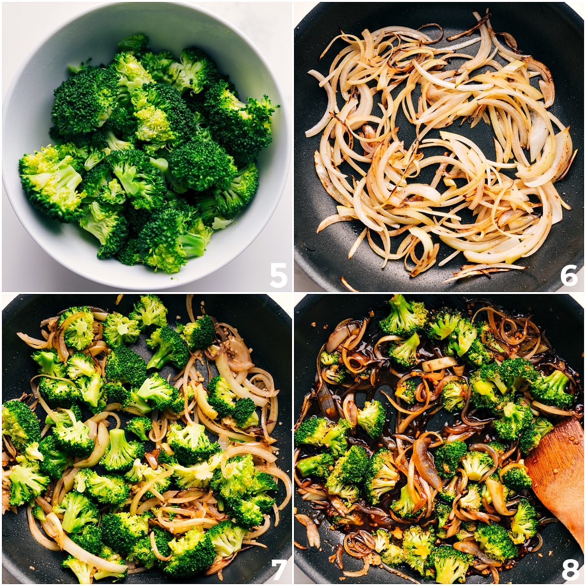 The broccoli and onions being cooked in the skillet along with the sauce being added in for this honey garlic shrimp