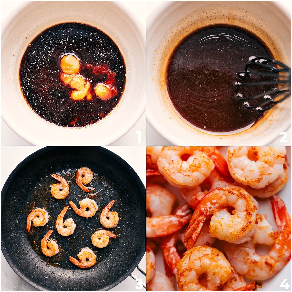 Sauce being whisked together and mixed into the skillet with the cooking shrimp.
