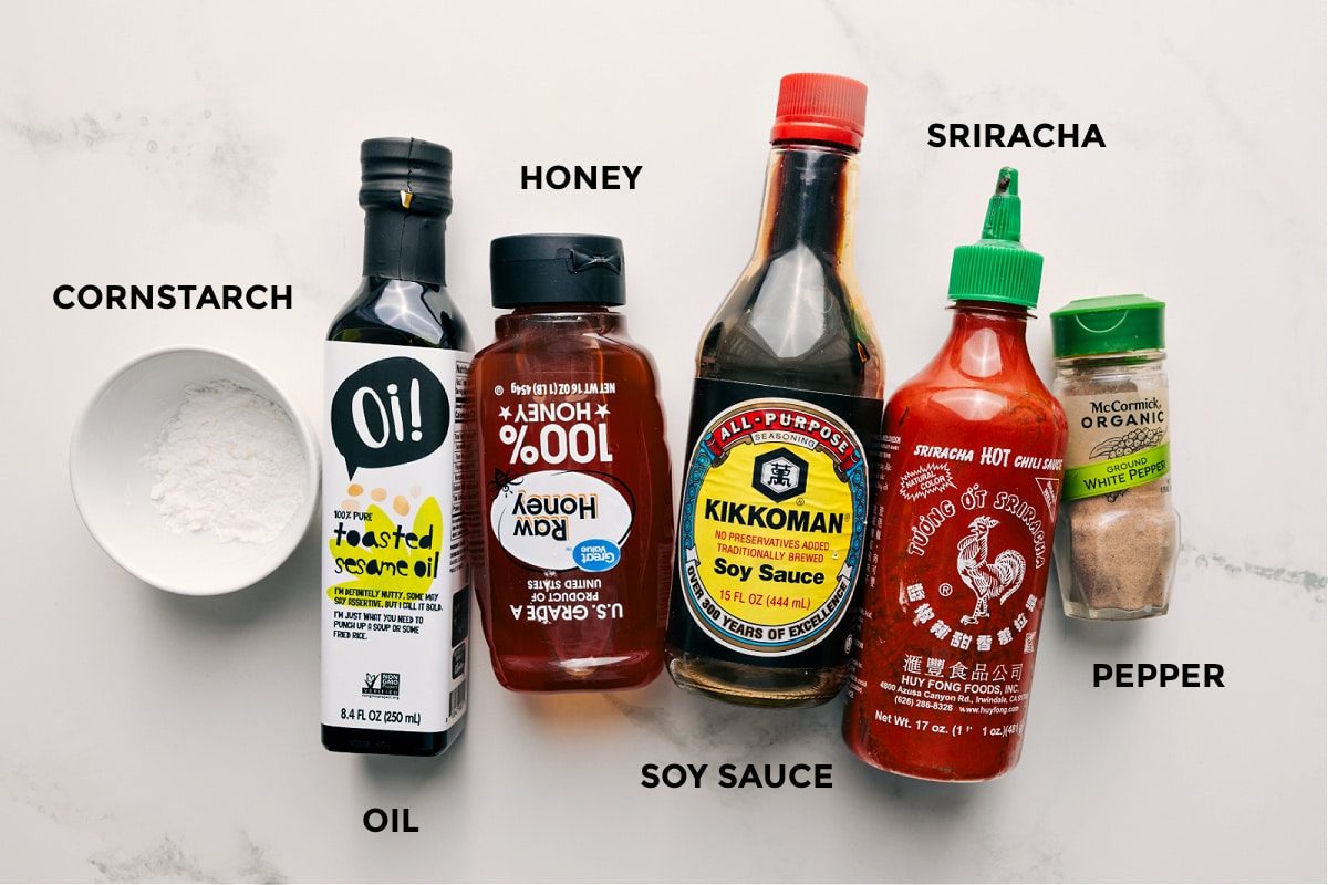 The sauce ingredients for this honey garlic shrimp laid out to whisk together quickly.