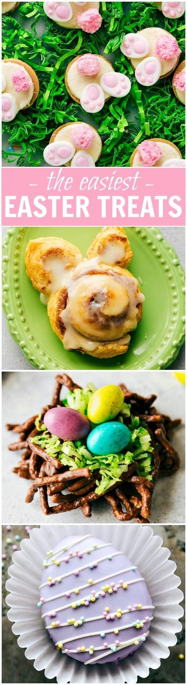 4 Simple Easter Treats that require little effort and time and few ingredients -- Bunny Bum Cookies, Easter Bunny Cinnamon Rolls, Easter Egg Nests, and Mini Egg Petit Fours. via flexfa.com