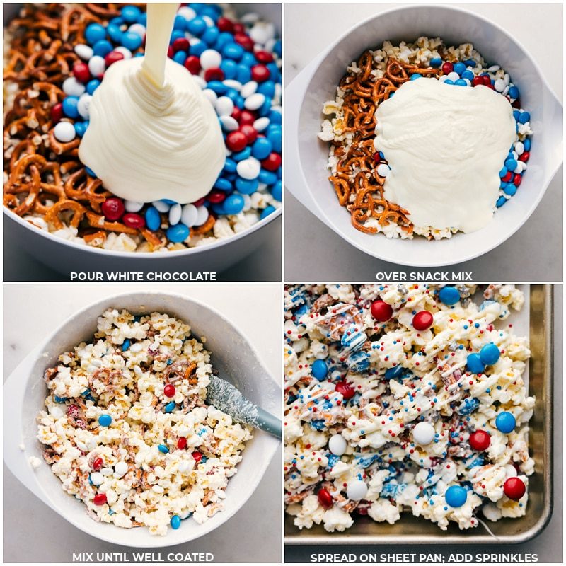 White chocolate being poured into the bowl with the other ingredients and it all being mixed together for this 4th of July popcorn.