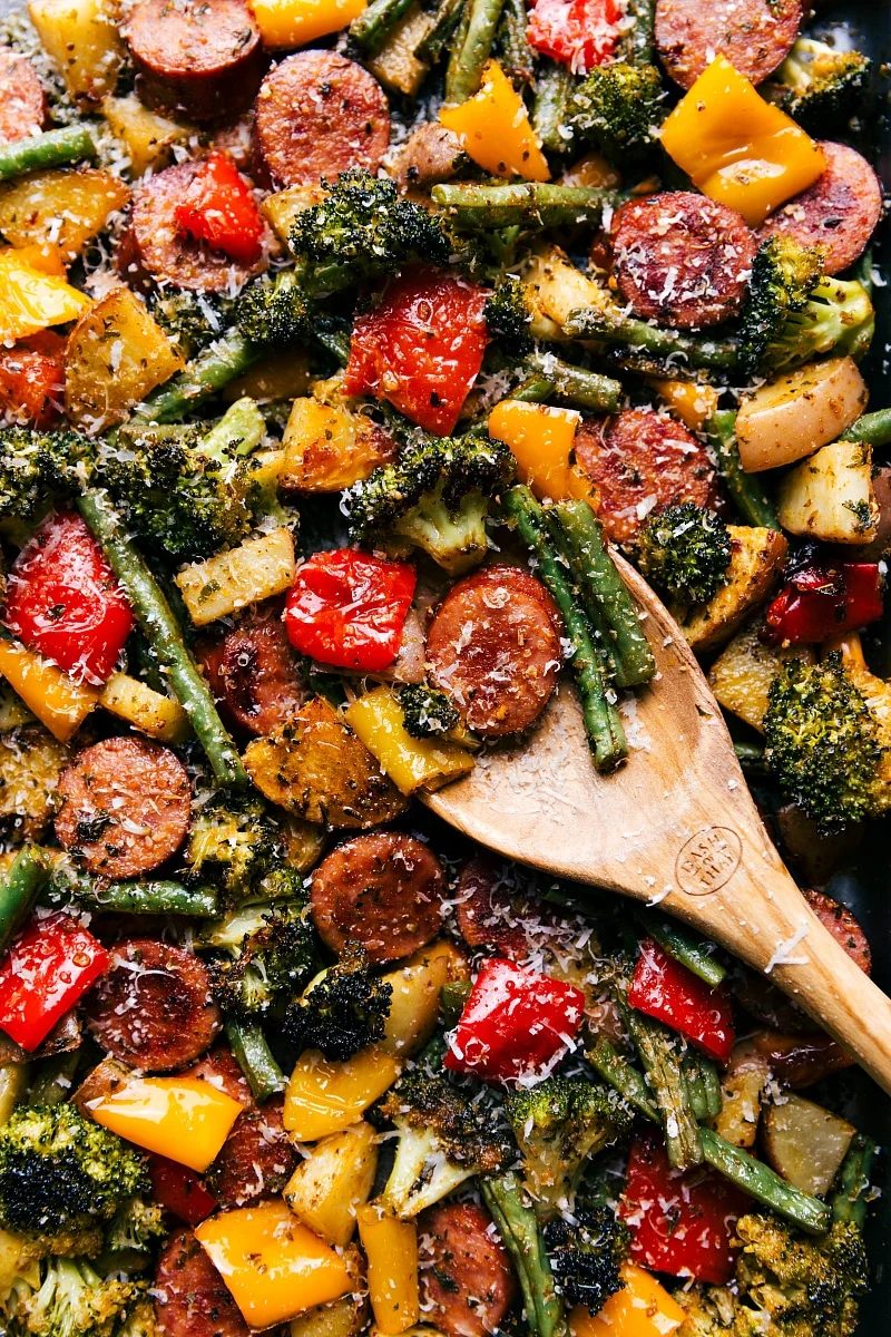 One pan dinner recipes: sheet pan sausage and veggies.