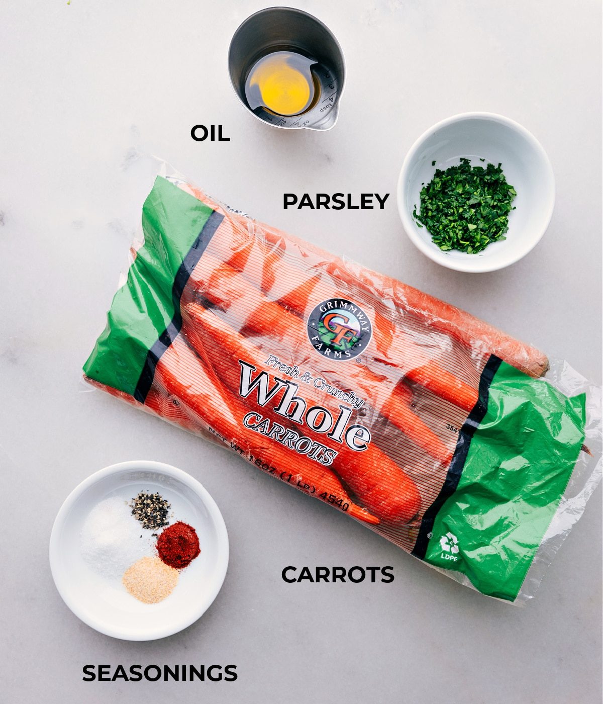 All the ingredients in this recipe prepped out for straightforward preparation.