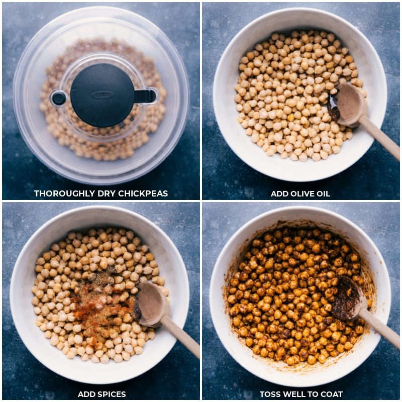 Process shots of Air Dryer Xhickpeas-- images of the chickpeas being dried and then the seasonings and oil being added to the bowl and it all being mixed together