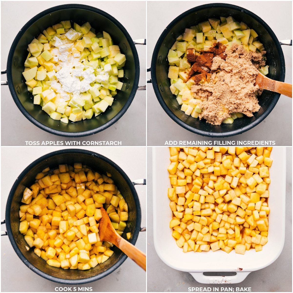 Tossing apples with cornstarch and adding filling ingredients for baking in a 9x13 pan for this apple cobbler recipe.