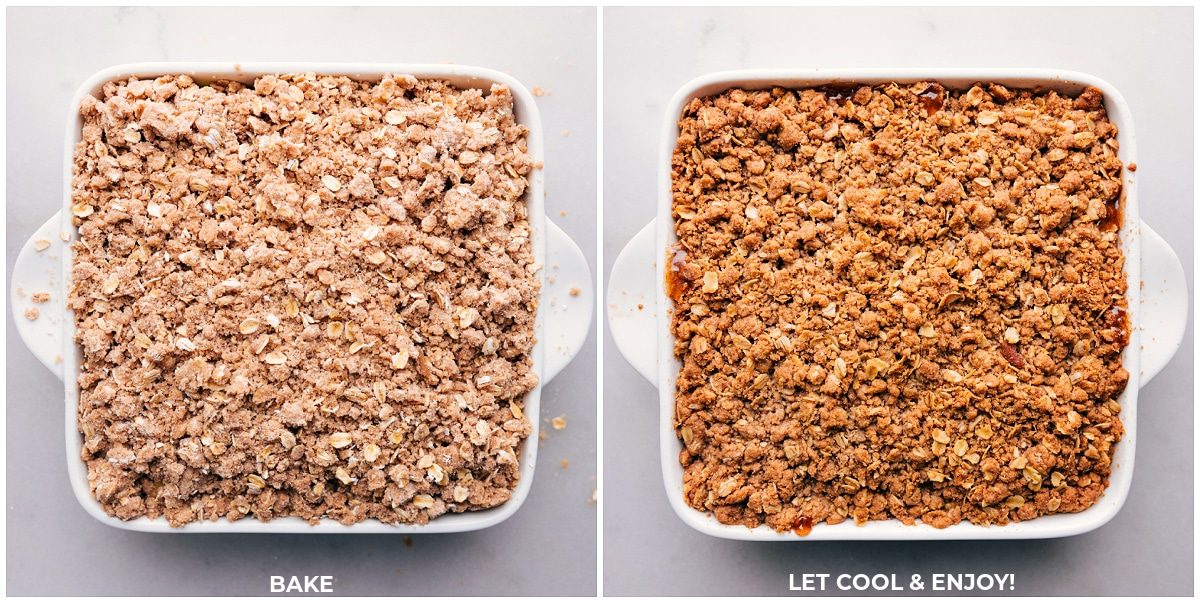 Apple crumble baking in the oven until the edges turn golden brown.