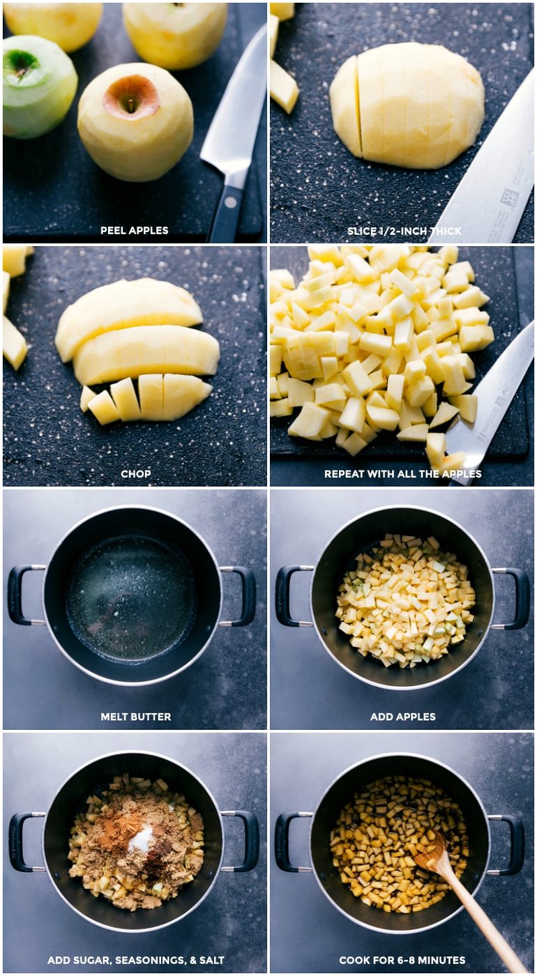 Peel apples, cut into small pieces; melt butter; add apples, sugar, seasonings and salt; cook to soften.