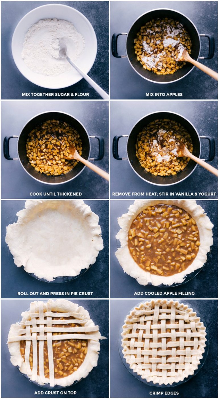 Combine the sugar and flour; mix into apples; cook to thicken; remove from heat and mix in vanilla and yogurt; roll out crust and fit into pan; add cooled apple filling; add crust to the top; crimp edges.