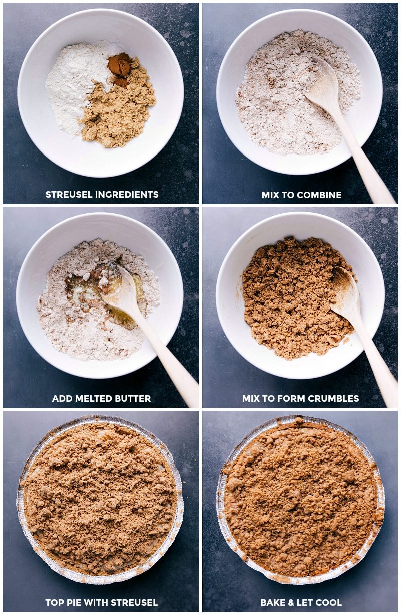 Process shots: combining the streusel ingredients; topping the pie; baking and letting it cool.