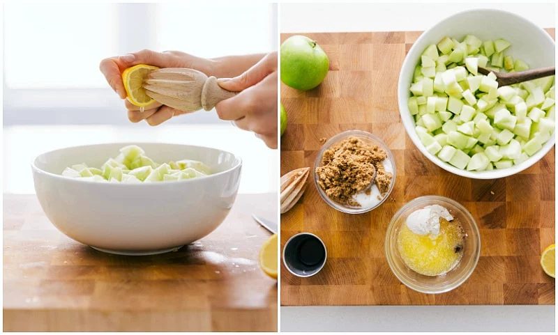 The apples chopped up and prepped to add in as a filling to this dessert.