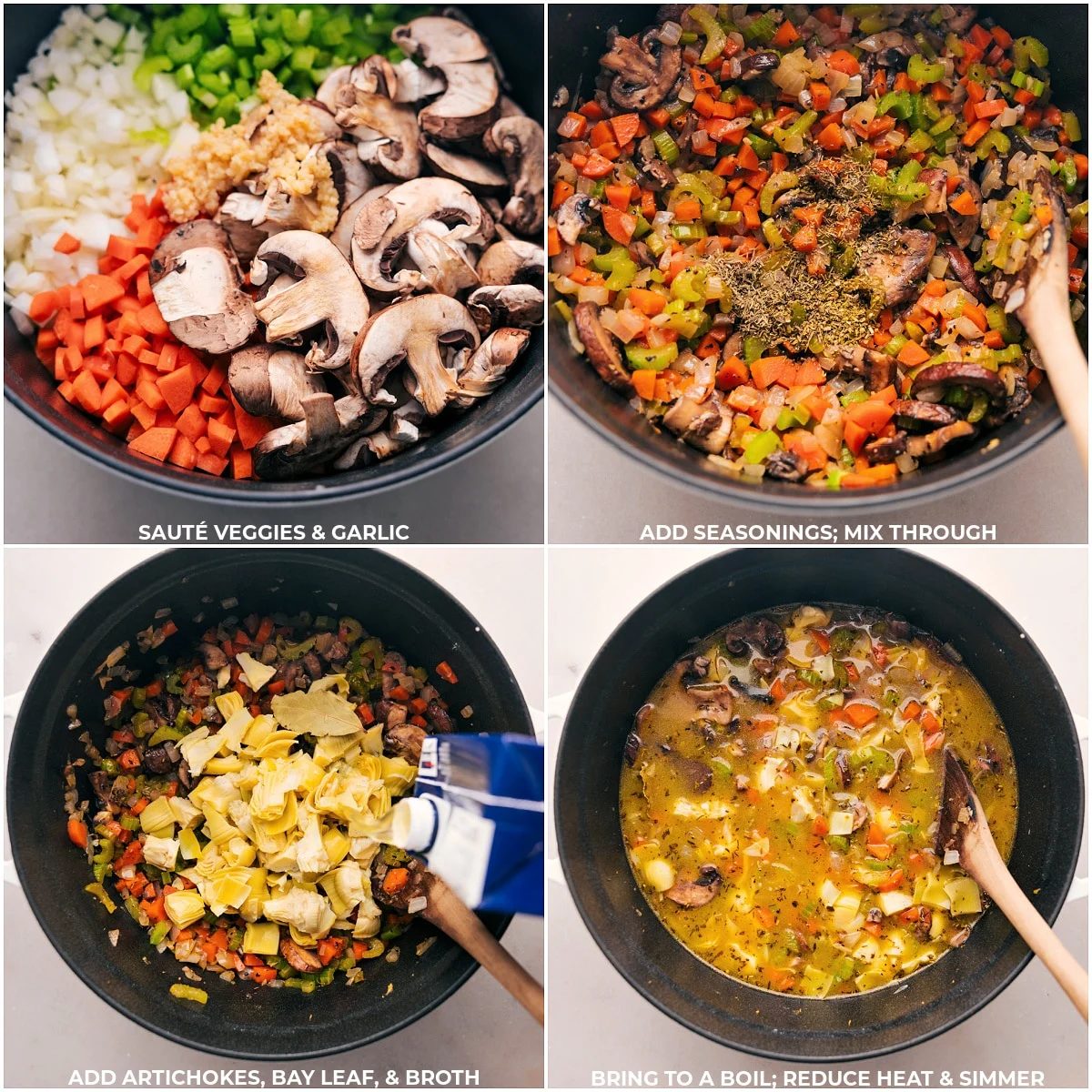 Sautéed vegetables and garlic in a pan, with seasonings and broth being added, ready for simmering.