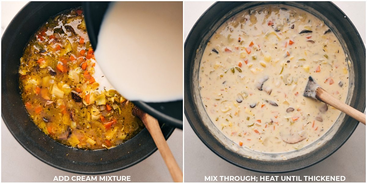 Cream being poured into the satisfying mixture in a pot, heated until it thickens to a creamy consistency.