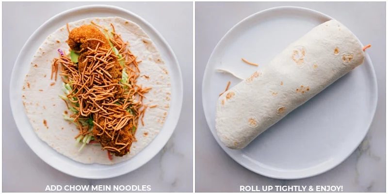 Chow mein noodles being added on top of all the other ingredients and the tortilla being rolled up.