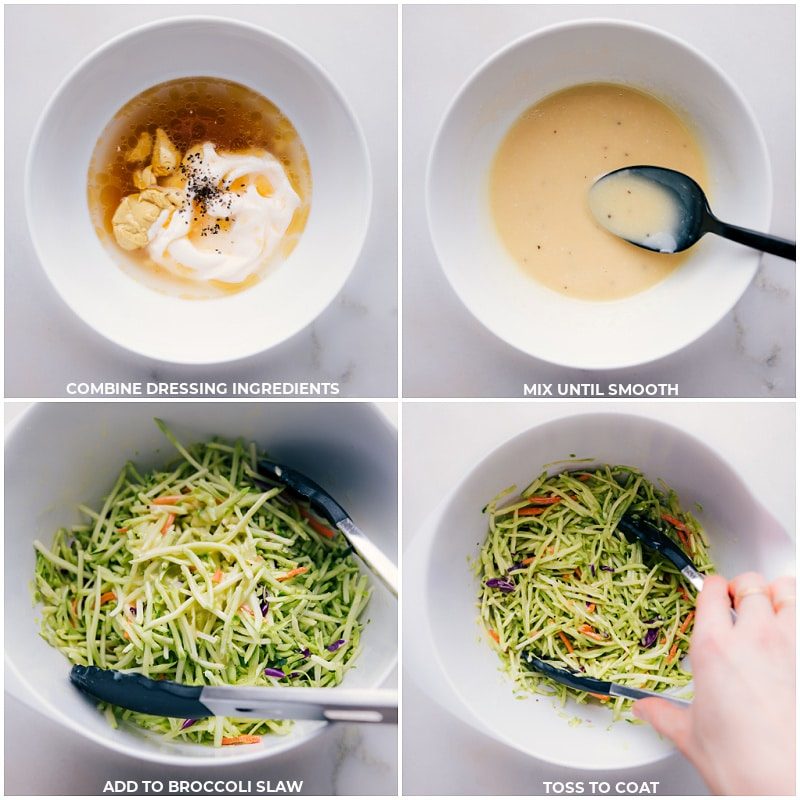 Dressing being mixed together and it being added to the broccoli slaw to fill in these Asian Chicken Wraps.