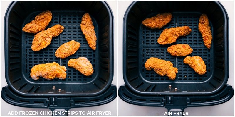 Chicken strips being air fried to go into the tortillas.