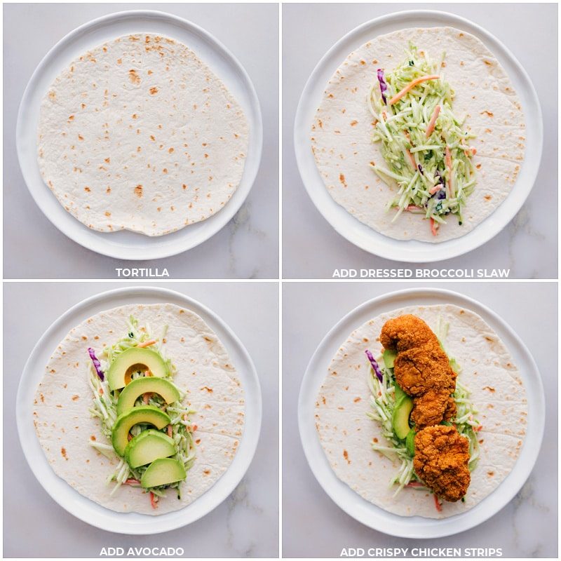 Assembling the Asian Chicken Wraps by layering in each ingredient into a tortilla.