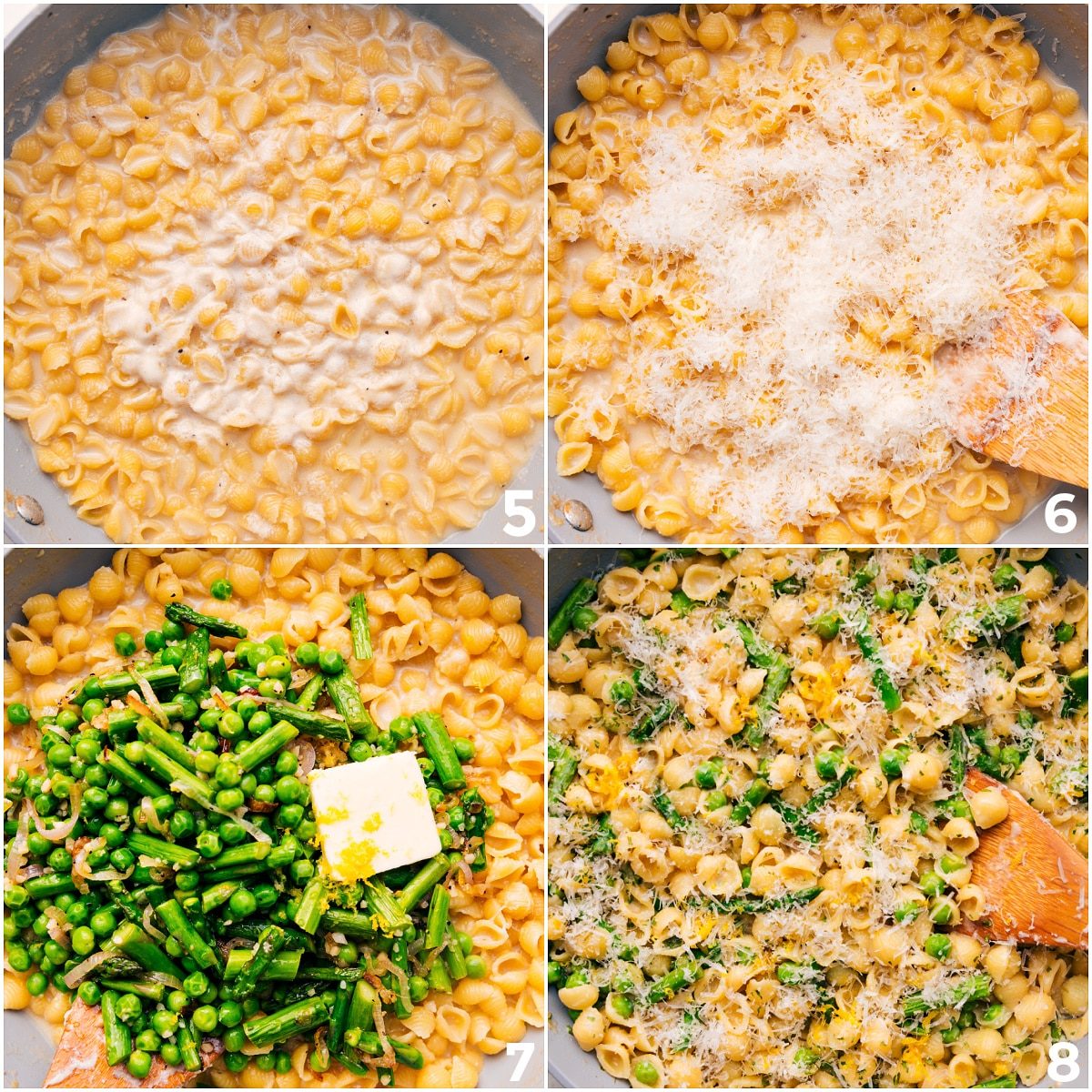 Pasta added to the pot with milk, cheese, and sautéed vegetables, all stirred together into a creamy, cheesy dinner.
