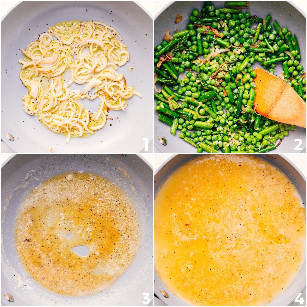 Shallots and garlic sautéing in oil, followed by peas and asparagus, then removed while liquids are added to the pot for this asparagus pasta recipe.