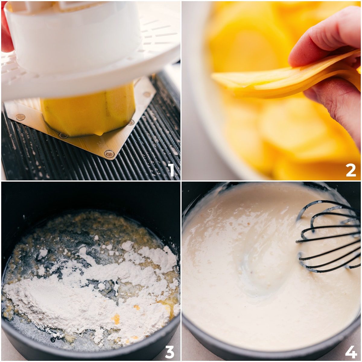 Thinly sliced potatoes and a creamy sauce are being prepped for these au gratin potatoes.