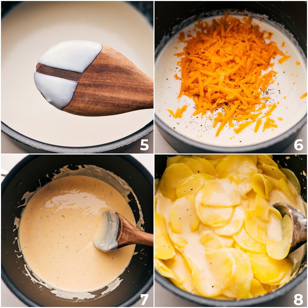 The cream sauce thickens as the cheese is added, along with the potatoes.