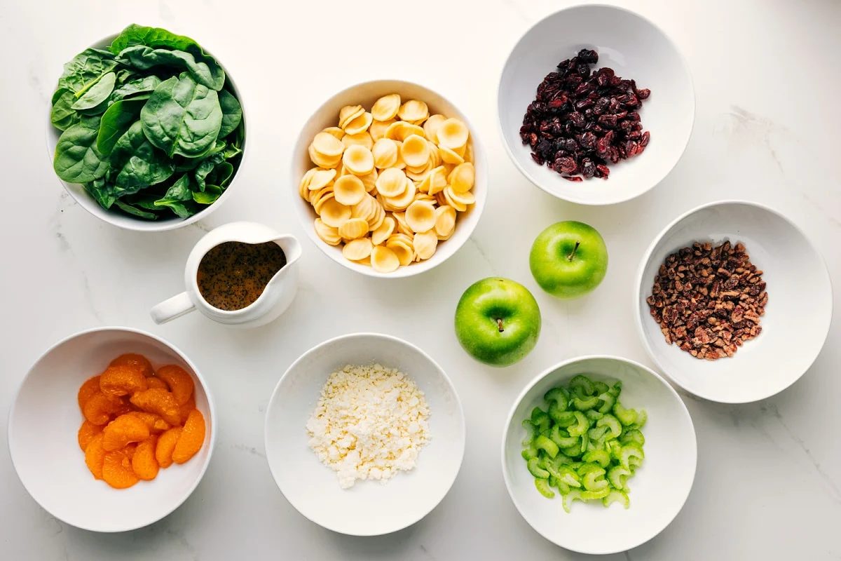 All the ingredients in this recipe prepped out for straightforward assembly including the spinach, mandarin oranges, dressing, feta, pasta, apples, celery, pecans, and dried cranberries.