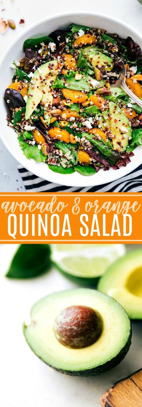 satisfying powerhouse AVOCADO QUINOA SALAD with the best healthy dressing! via flexfa.com | #salad #quinoa #mixedgreens #lettuce #healthy #protein #vegetarian #straightforward #quick #familyfriendly #orange #avocado #nutrition #health #wellness