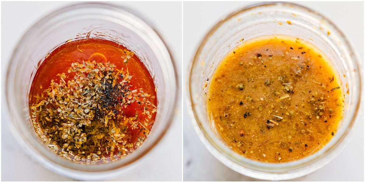 The dressing ingredients mixed together in a mason jar for this quinoa salad.