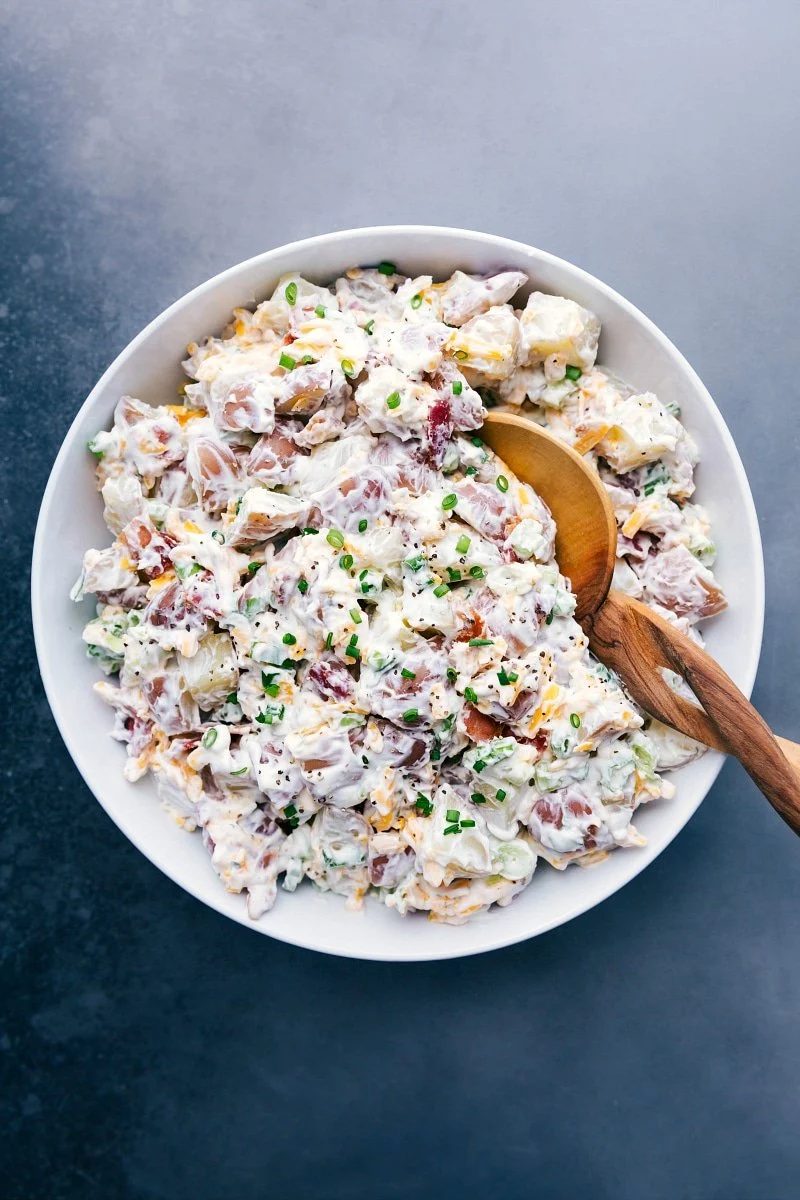 Large bowl of ranch potato salad, satisfying and ready to serve.