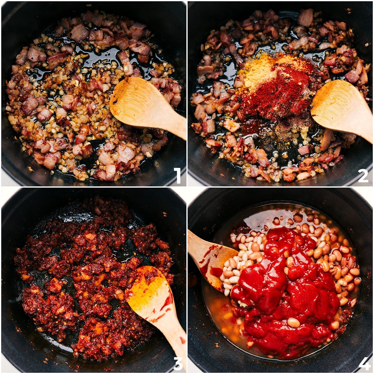 Bacon and onions sautéing in a pot, followed by tomato paste and seasonings cooking together, then all remaining ingredients added for this baked beans recipe.