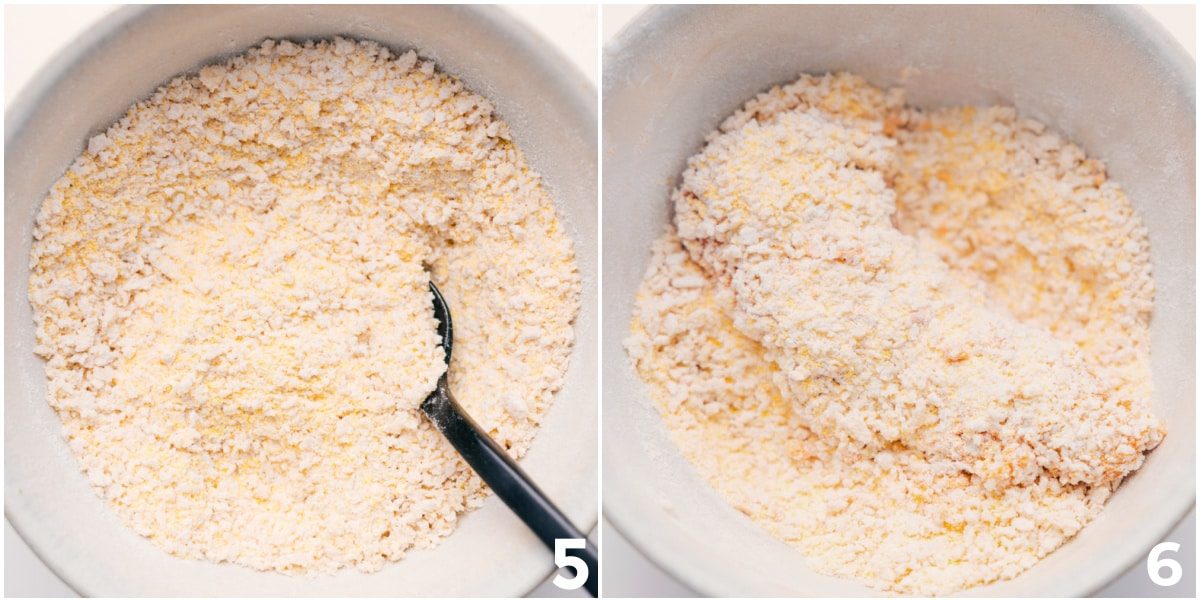 The meat being breaded in breadcrumbs before baking.