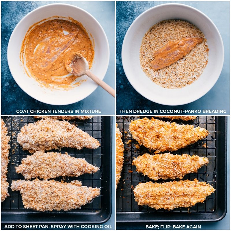 Coating, dredging, spraying and baking the coconut chicken tenders.