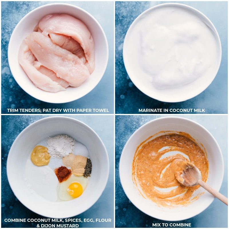 Preparing chicken for marinating while mixing the batter ingredients in a bowl.