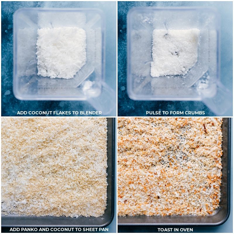 Preparing and toasting the coconut and panko to coat the meat.