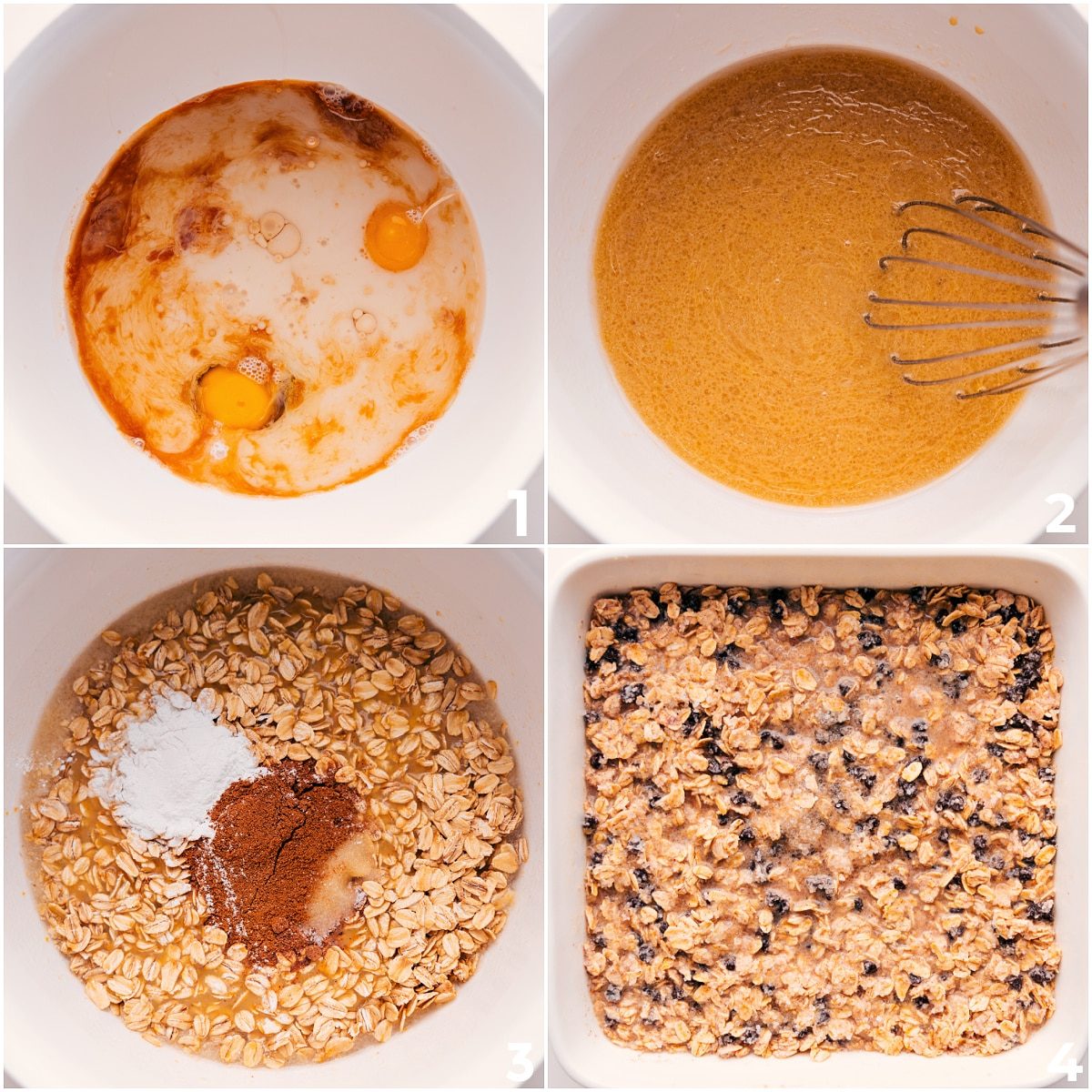 The wet ingredients and dry ingredients for this chocolate chip baked oatmeal mixed together and then poured into a baking pan.