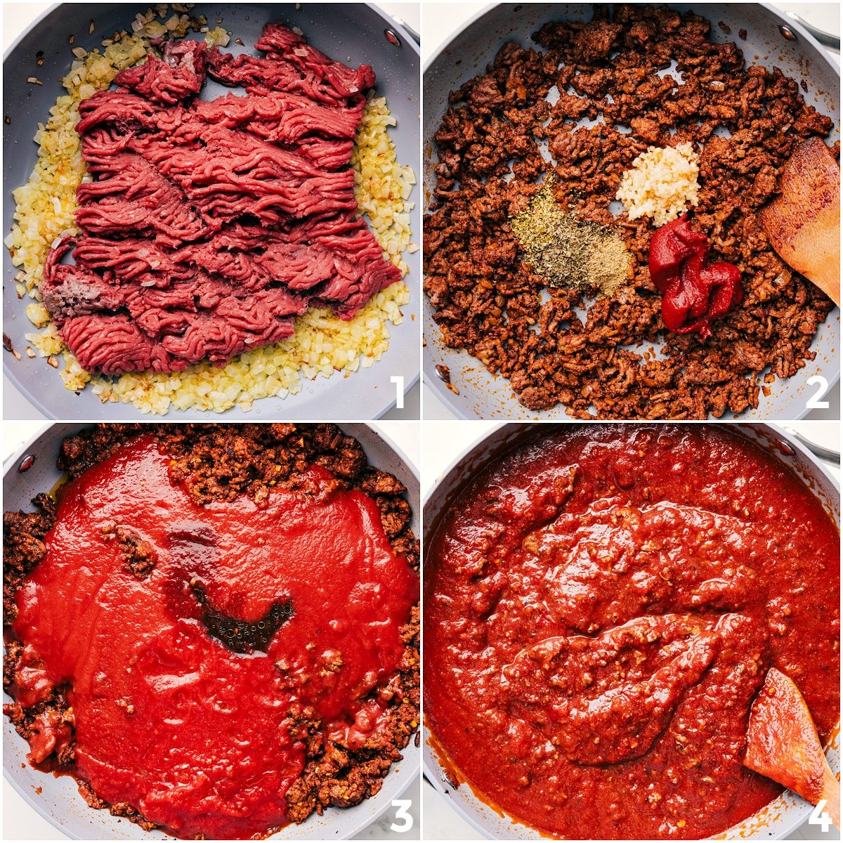 Onions being sautéed before ground beef is browned with seasonings, garlic, tomato paste, and tomato sauce to create the rich meat sauce for this Baked Ziti Recipe.