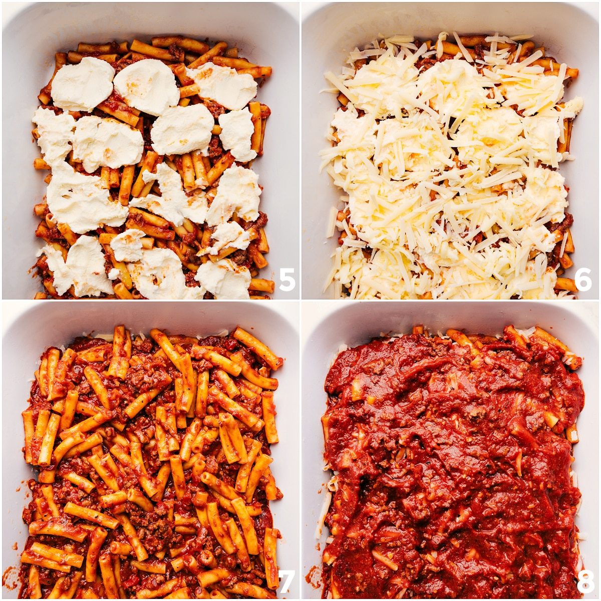 The Baked Ziti Recipe being layered into a baking dish with pasta, mascarpone, and cheese, then repeated to create rich, cheesy layers.