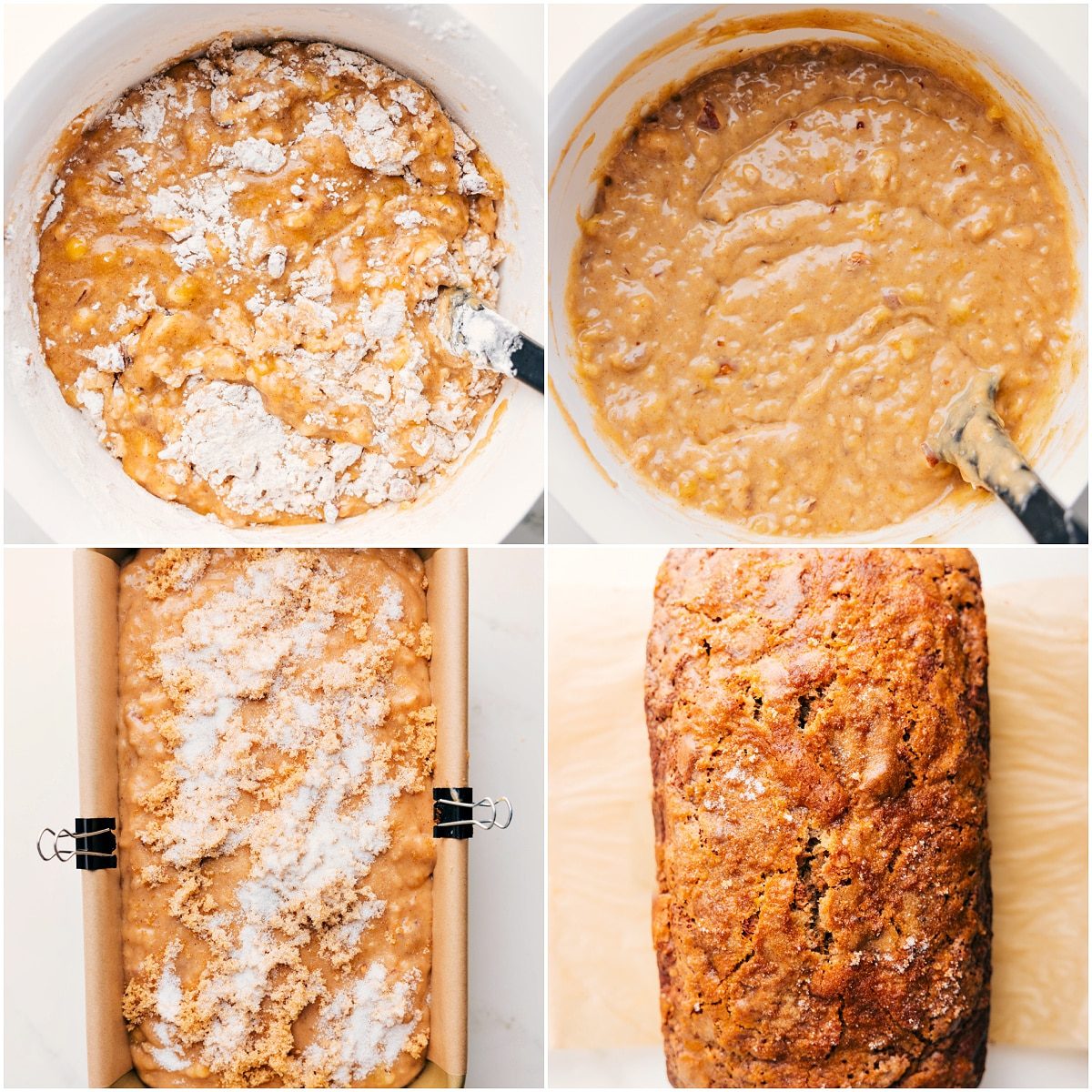 Dry ingredients mixed into wet ingredients for this banana nut bread recipe.