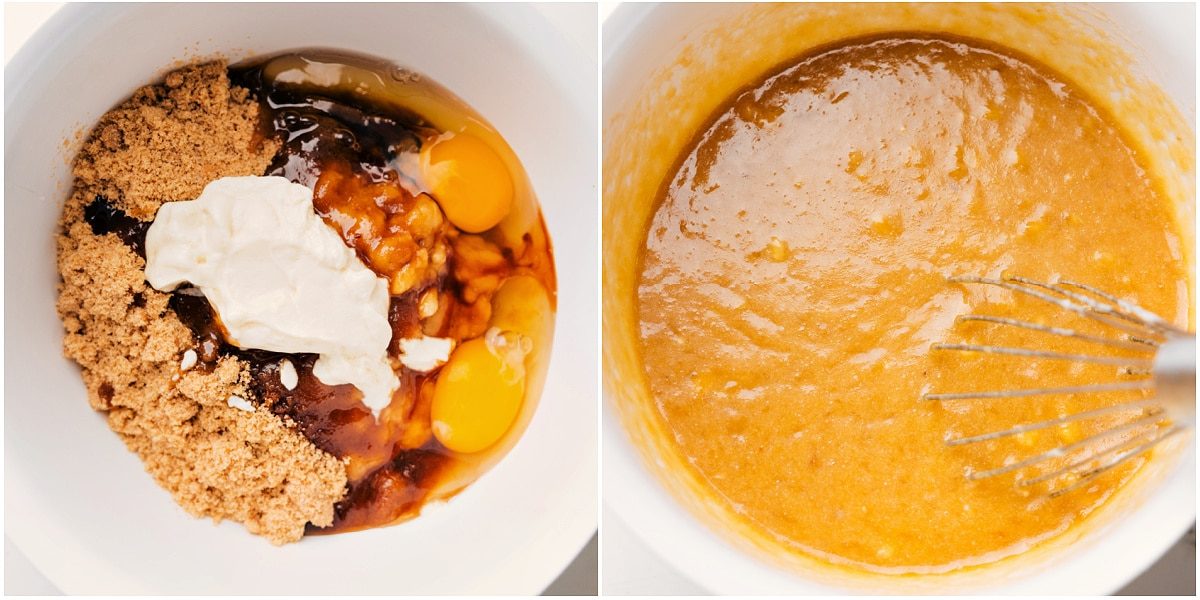 All the wet ingredients combined in a bowl and whisked together.
